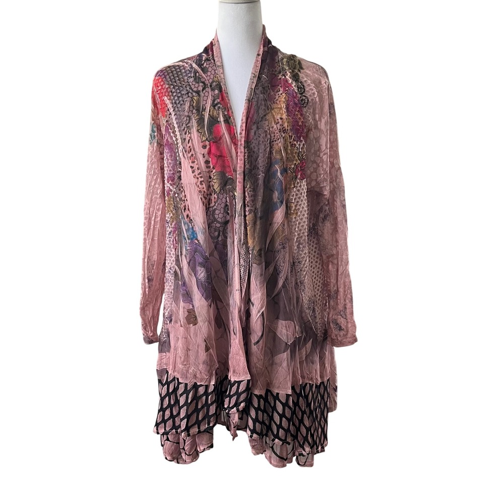 Kamana Long Cardigan Women Medium Pink Sheer Mesh Floral Mixed Print Open Front